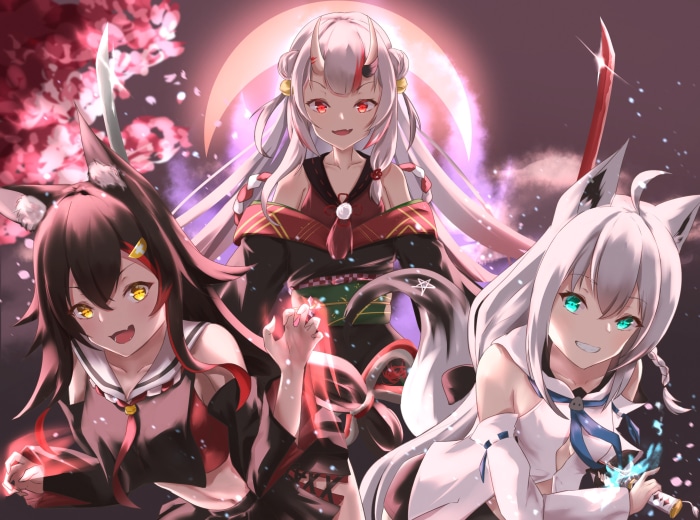 Shirakami Fubuki, Nakiri Ayame, and Ookami Mio from Hololive