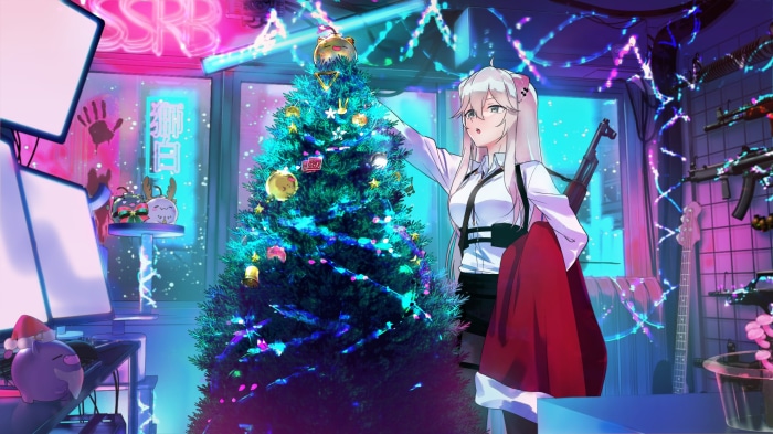 Shishiro Botan from Hololive decorating a Christmas tree
