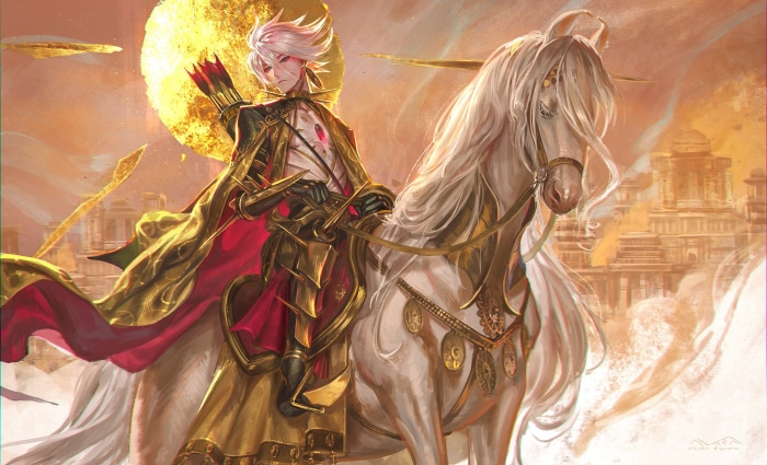 Lancer of Red from Fate/Apocrypha on a white horse