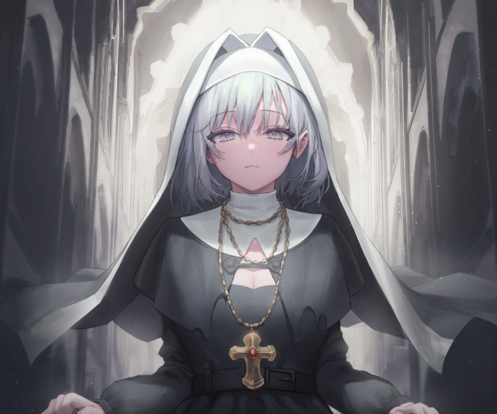 Anime nun with white hair and cross necklace