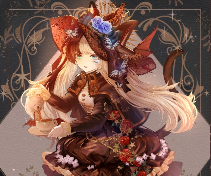 Anime girl pouring tea with butterflies and roses