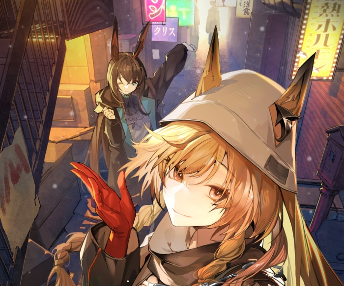 Ceobe and Amiya from Arknights in a city at night