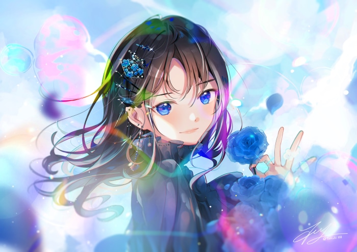 Anime girl with blue roses and hair accessories