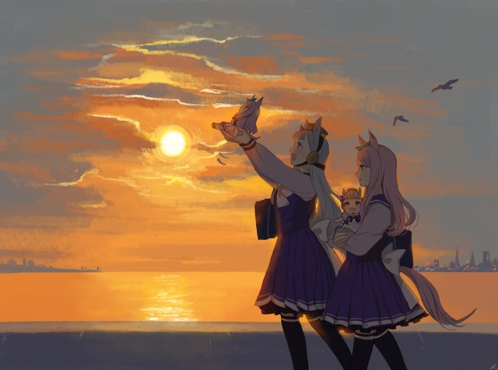 Mejiro McQueen and Gold Ship from Uma Musume: Pretty Derby at sunset