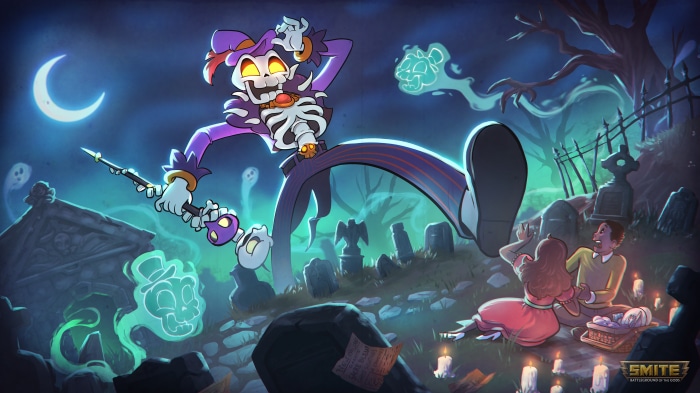 Funny Bones Baron Samedi from Smite in a graveyard