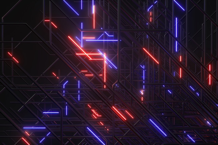 Abstract network of glowing red and blue lines