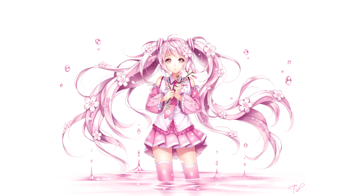 Hatsune Miku with cherry blossoms in water