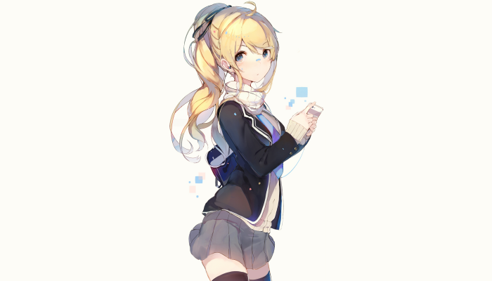 Anime girl with blonde ponytail listening to music