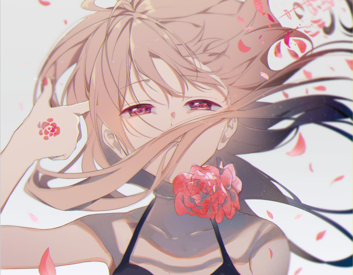 Girl with pink hair and rose petals