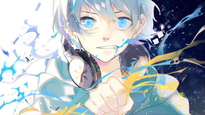 Anime boy with headphones and blue eyes