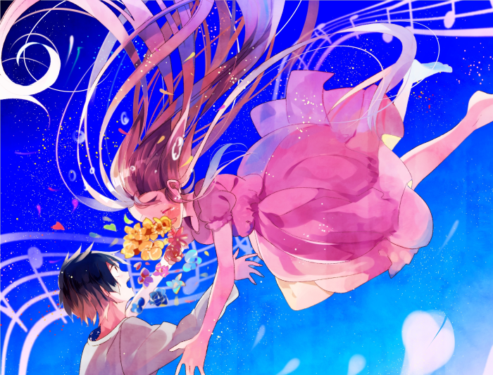 Couple falling through a blue sky with musical notes