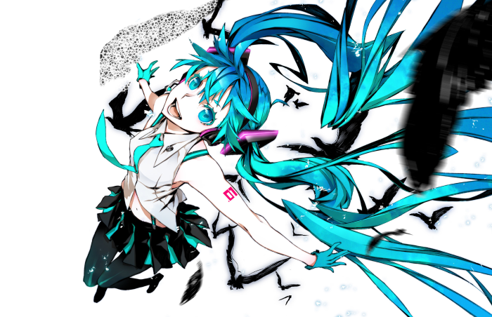 Hatsune Miku with black birds and blue hair