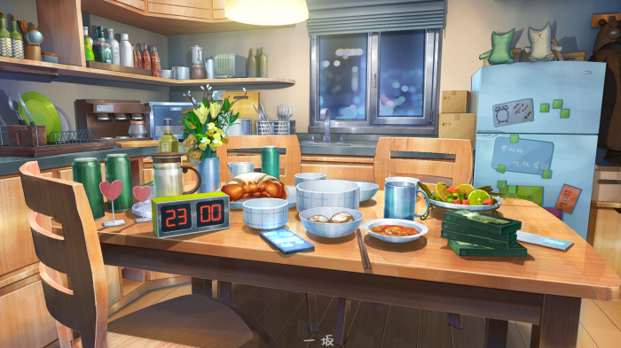 Kitchen with food and digital clock