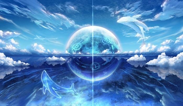 Whales in a surreal sky with a glowing orb