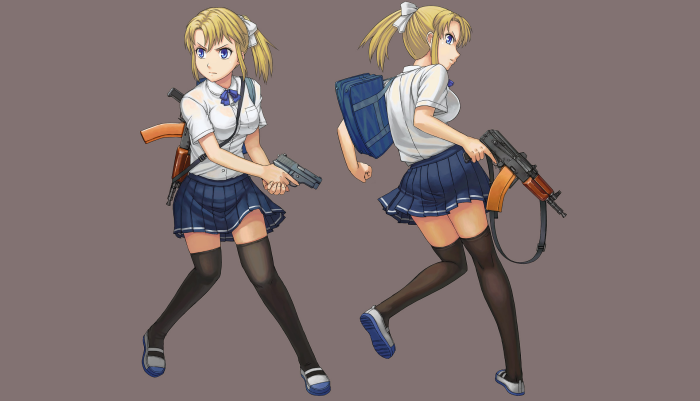 Girl with guns and backpack
