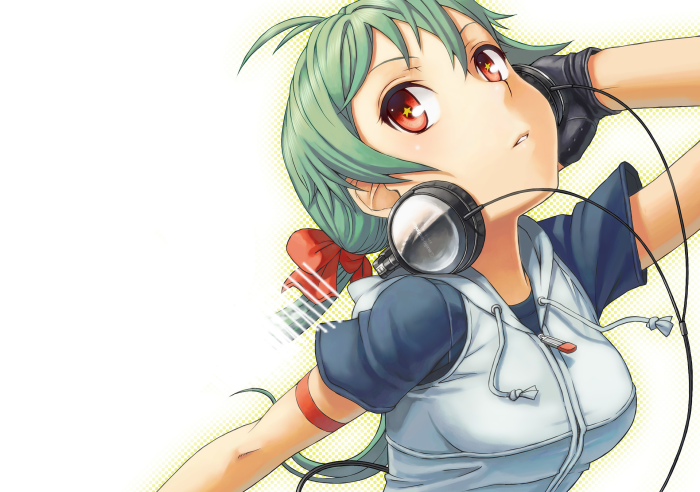 Girl with headphones and red bow