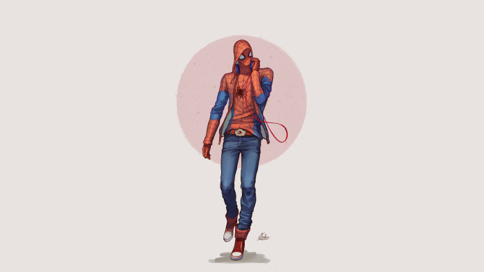 Spider-Man wearing casual clothes and talking on a phone