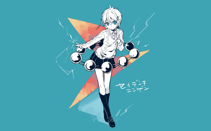 Girl with spheres and lightning bolts