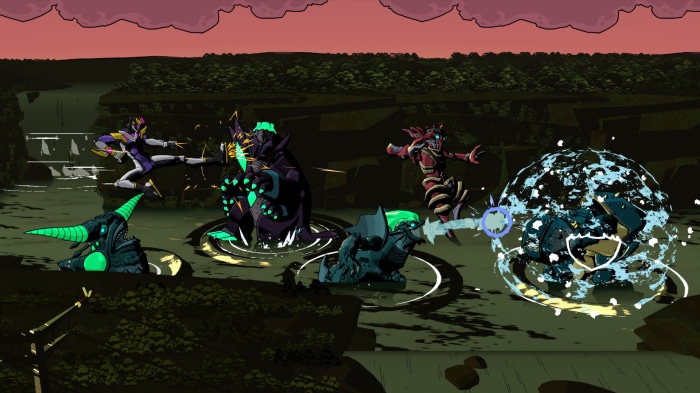 Dawn of the Monsters characters fighting in a swamp