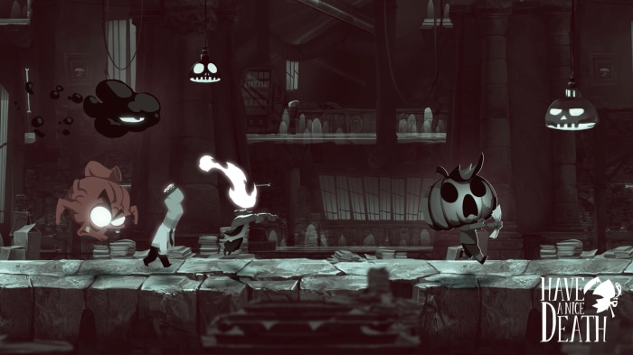 Have A Nice Death characters in a dark room