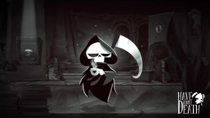 Death from Have A Nice Death holding coffee