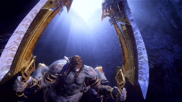 A large, muscular warrior with two large swords from Babylon's Fall