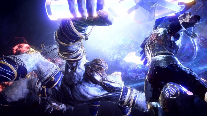 Two armored figures fighting with glowing weapons