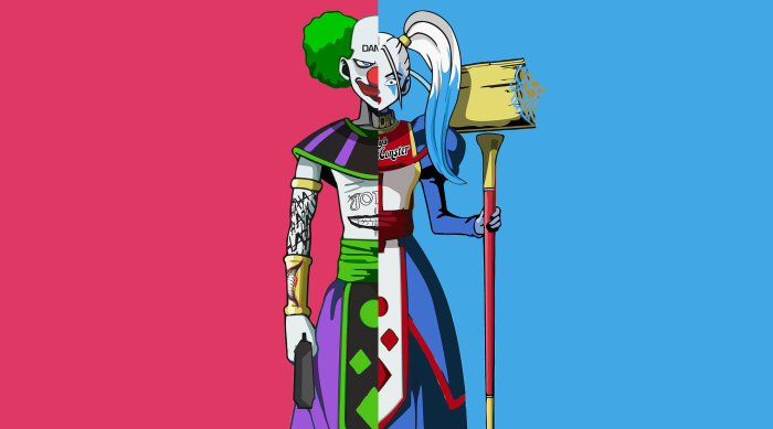 Harley Quinn and Joker mashup character with hammer