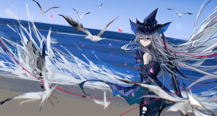 Skadi from Arknights with seagulls by the sea