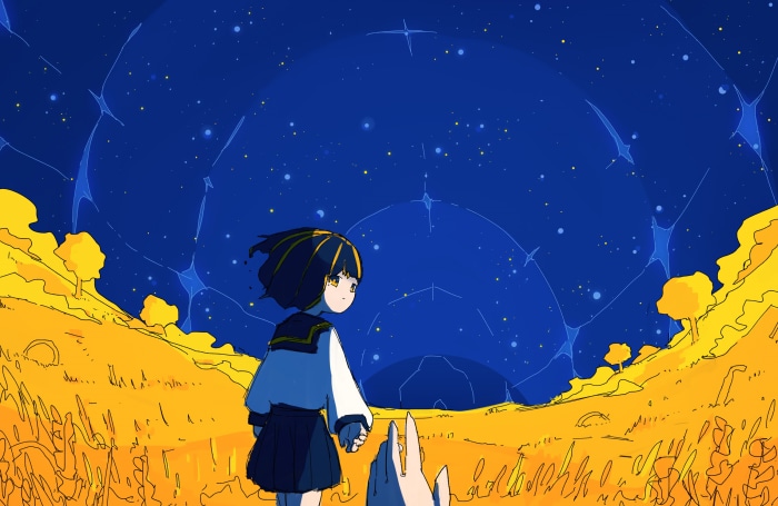 Girl in a school uniform looking at the starry sky