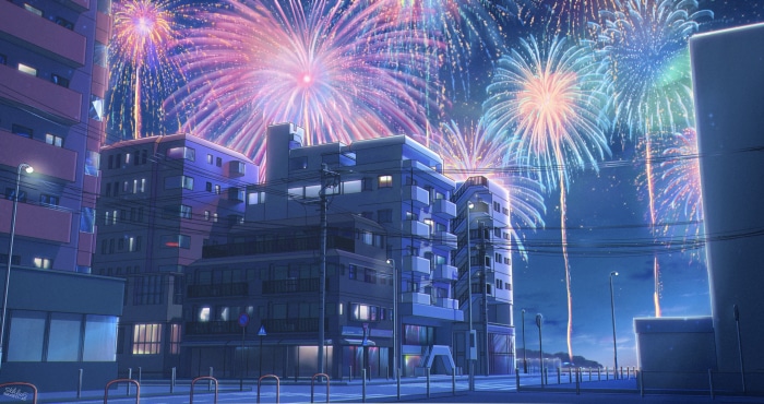 Cityscape with Fireworks Display