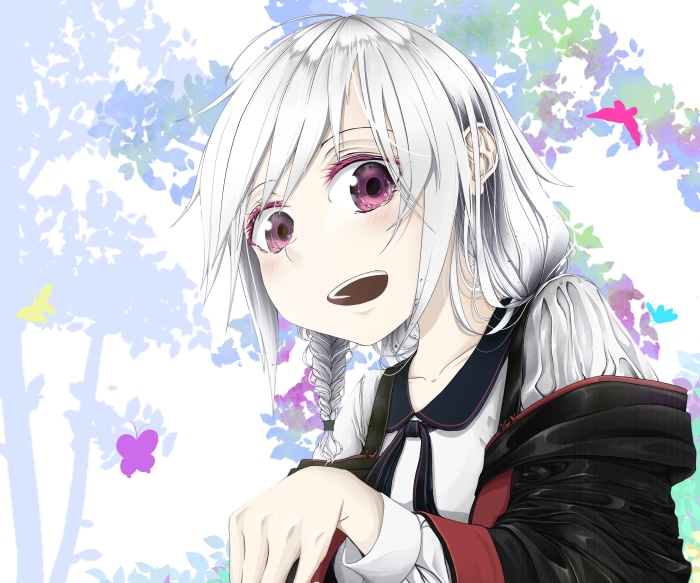 Anime girl with white hair and purple eyes