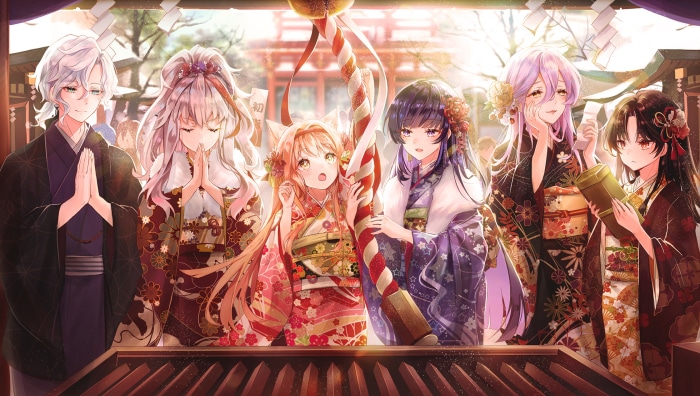 Characters in Kimonos at a Shrine