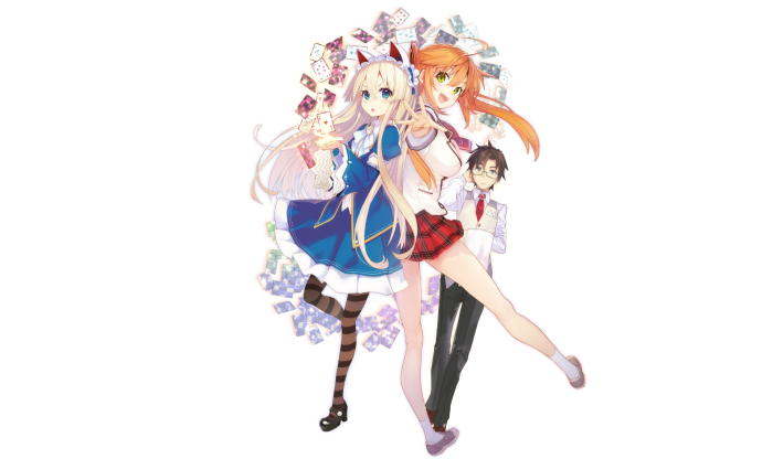 Three anime characters with playing cards