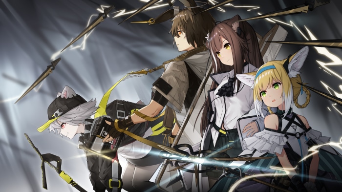 Arknights characters Folinic, Click, Suzuran, and Ayerscarpe