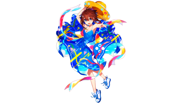 Girl in a blue dress with a yellow hat