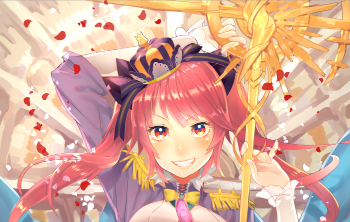 Girl with pink hair and a golden staff