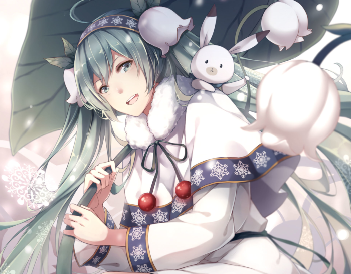 Hatsune Miku with a bunny and lily of the valley umbrella
