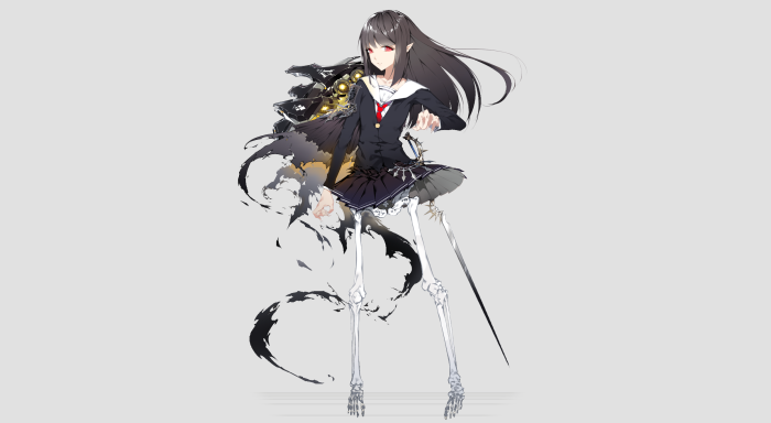 Anime girl with skeleton legs and dark wings