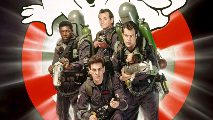 Ghostbusters II cast with proton packs