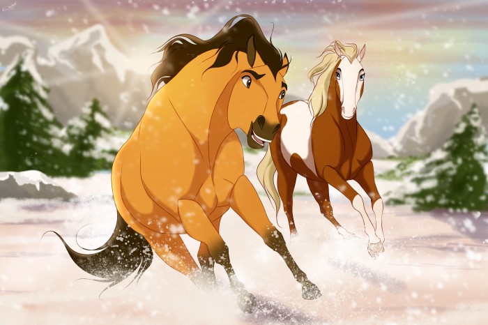 Spirit and Chica Linda running in snow