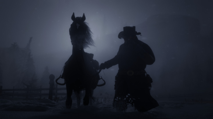 Arthur Morgan on horseback in a snowy landscape