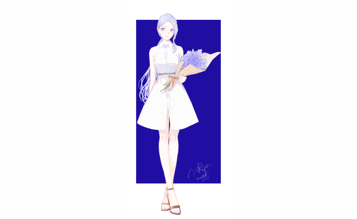 Woman in white dress holding flowers