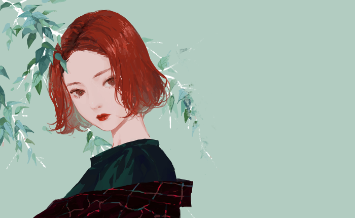 Anime girl with red hair and green leaves