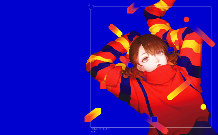 Girl in colorful sweater on blue background