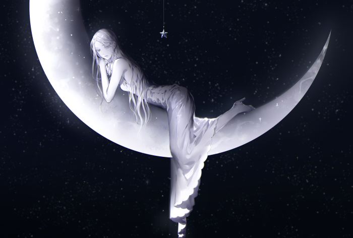 Woman on a crescent moon with a star