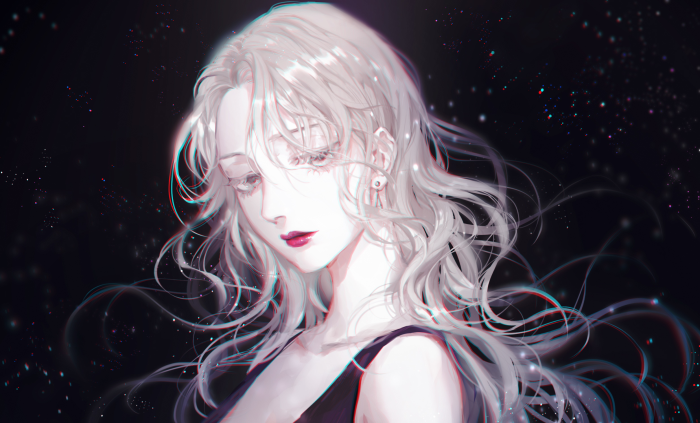 Anime girl with long white hair and red lipstick