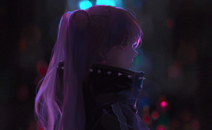 Anime girl with pink hair and red eyes