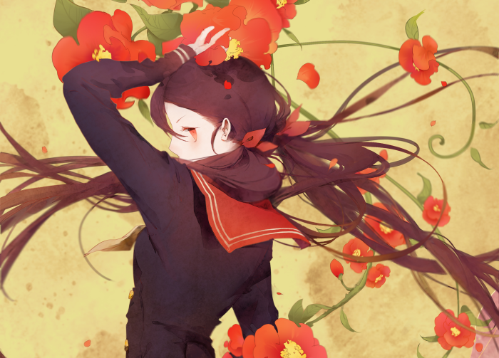 Girl in School Uniform with Red Flowers