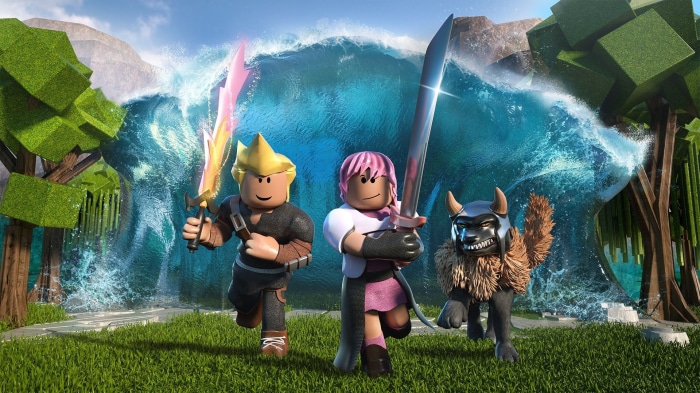 Roblox characters with swords and dog in front of wave
